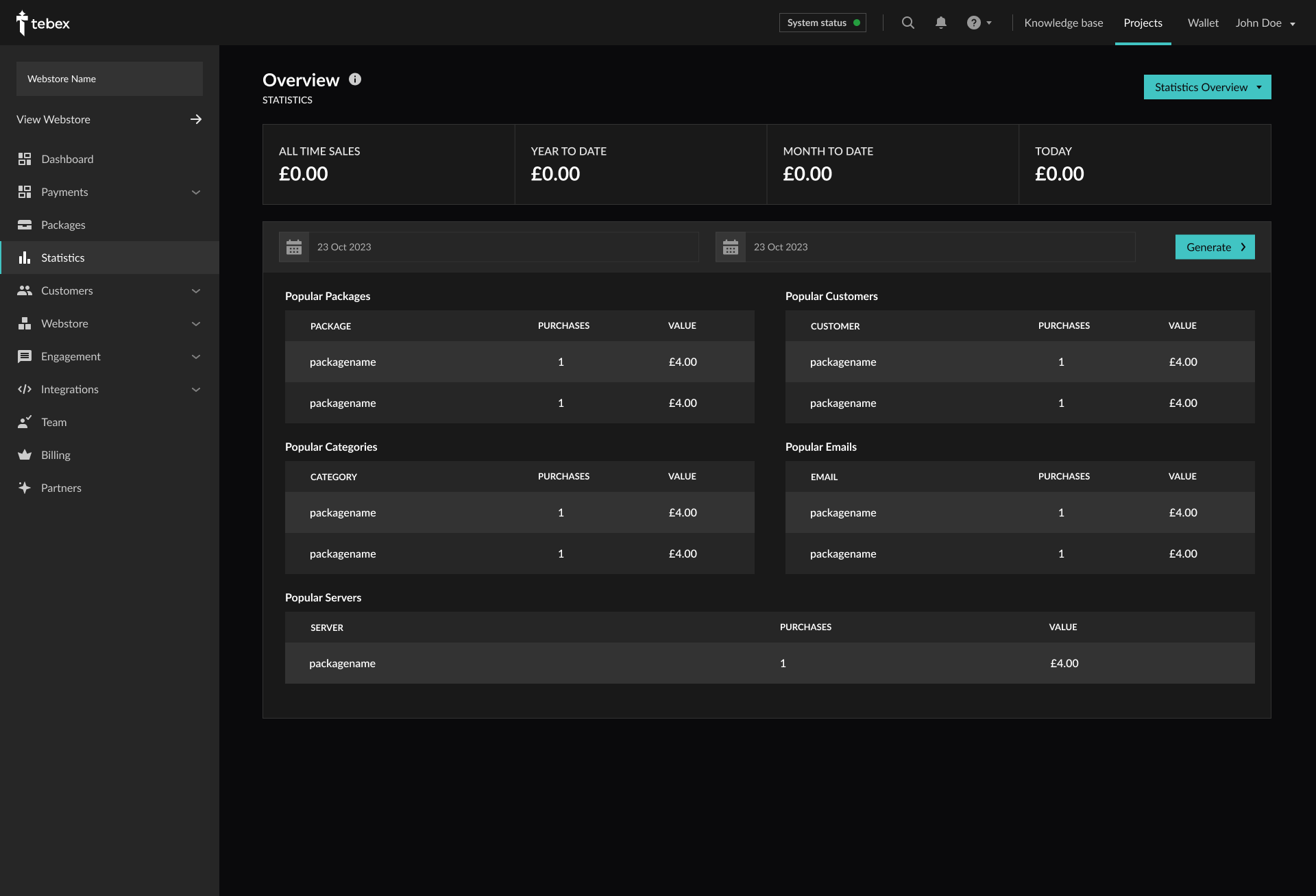 Image of Tebex's creator panel dashboard